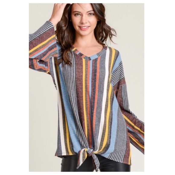 LAST ONE V Neck Striped Bell Sleeve Top - Picture 2 of 14